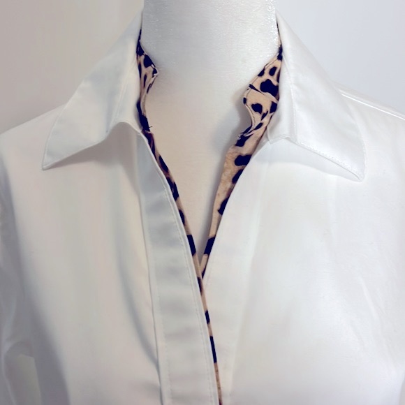 Calvin Klein White Long Sleeve Tailored Button Down Shirt Leopard Trim Size XS - Picture 5 of 9